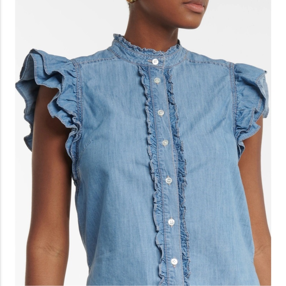 Veronica Beard Tenille Ruffle Trimmed Denim Button Down Shirt Womens Medium